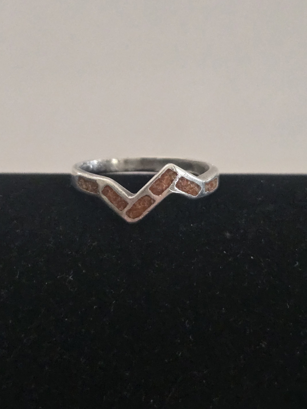Sterling Silver Chevron Ring Inlaid with Coral Chips
